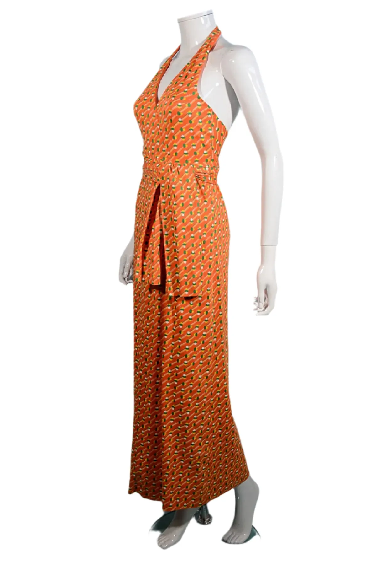 Geoffrey Beene Boutique 1970s Halter Maxi Dress, Slit Skirt Belt S