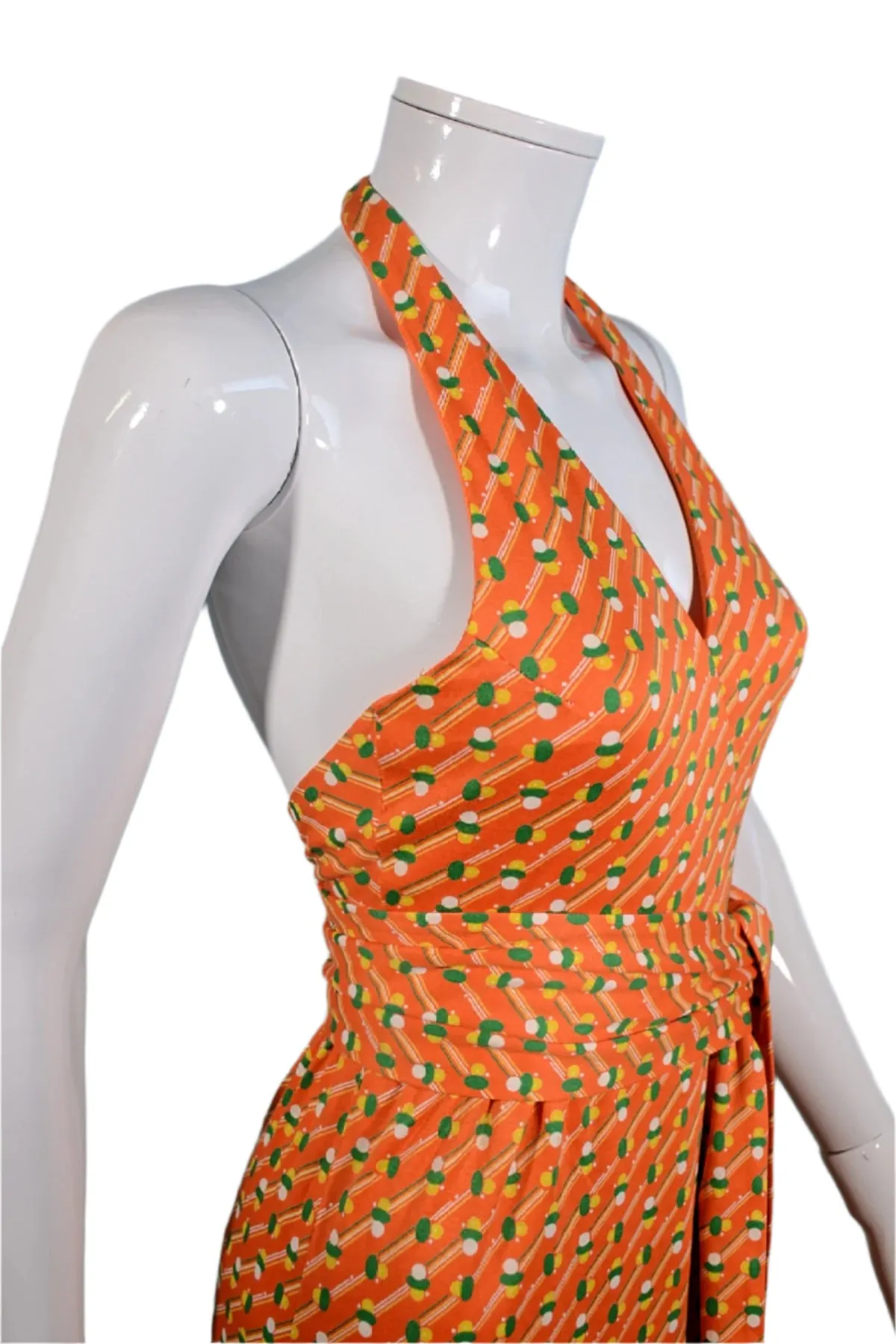 Geoffrey Beene Boutique 1970s Halter Maxi Dress, Slit Skirt Belt S