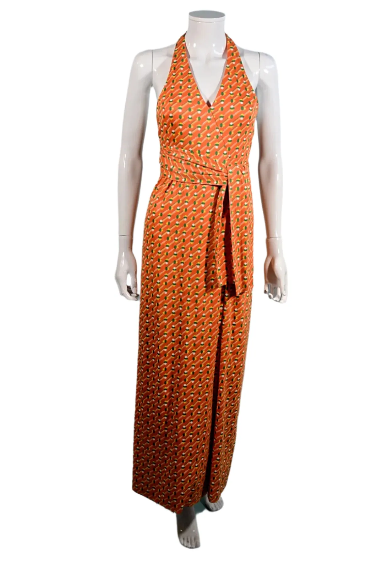Geoffrey Beene Boutique 1970s Halter Maxi Dress, Slit Skirt Belt S