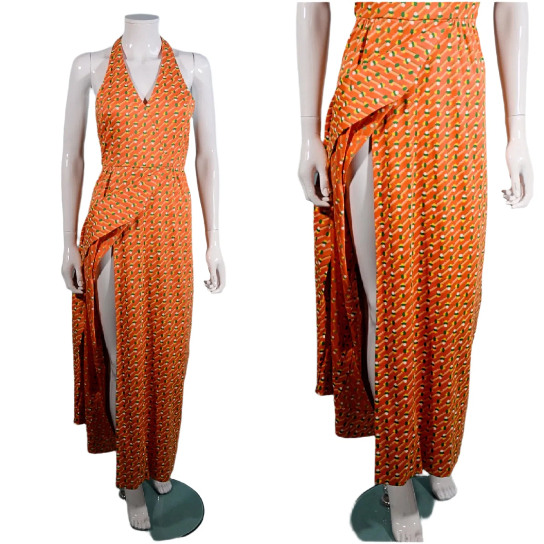 Geoffrey Beene Boutique 1970s Halter Maxi Dress, Slit Skirt Belt S