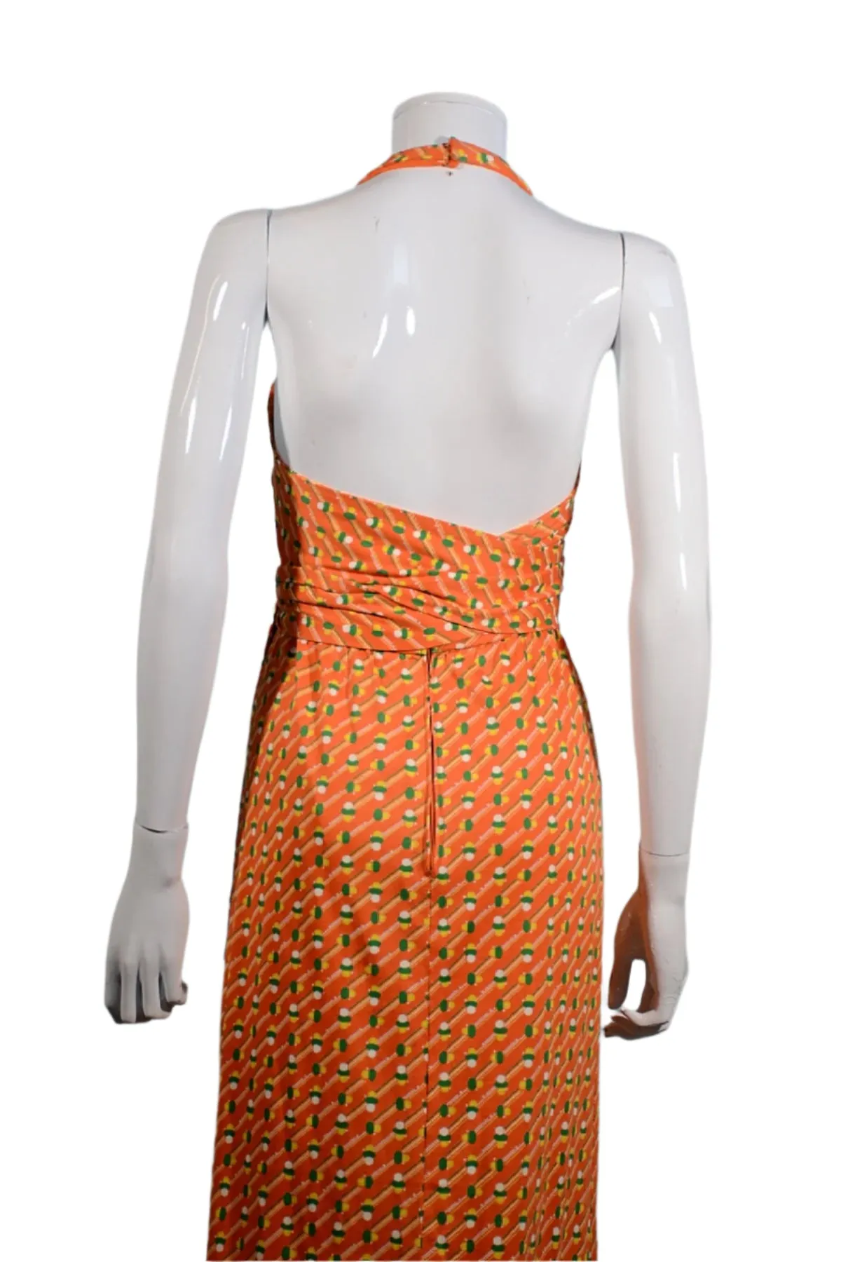 Geoffrey Beene Boutique 1970s Halter Maxi Dress, Slit Skirt Belt S