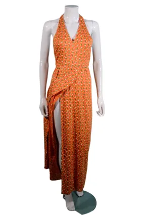 Geoffrey Beene Boutique 1970s Halter Maxi Dress, Slit Skirt Belt S