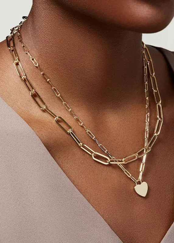 Gold Double-Layer Paperclip Heart Necklace (Waterproof)