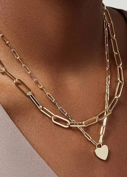Gold Double-Layer Paperclip Heart Necklace (Waterproof)
