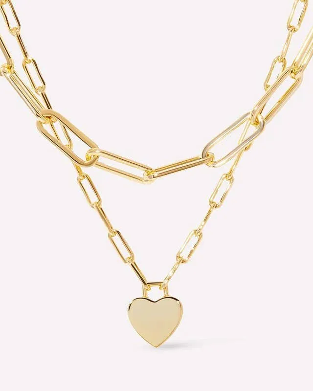 Gold Double-Layer Paperclip Heart Necklace (Waterproof)