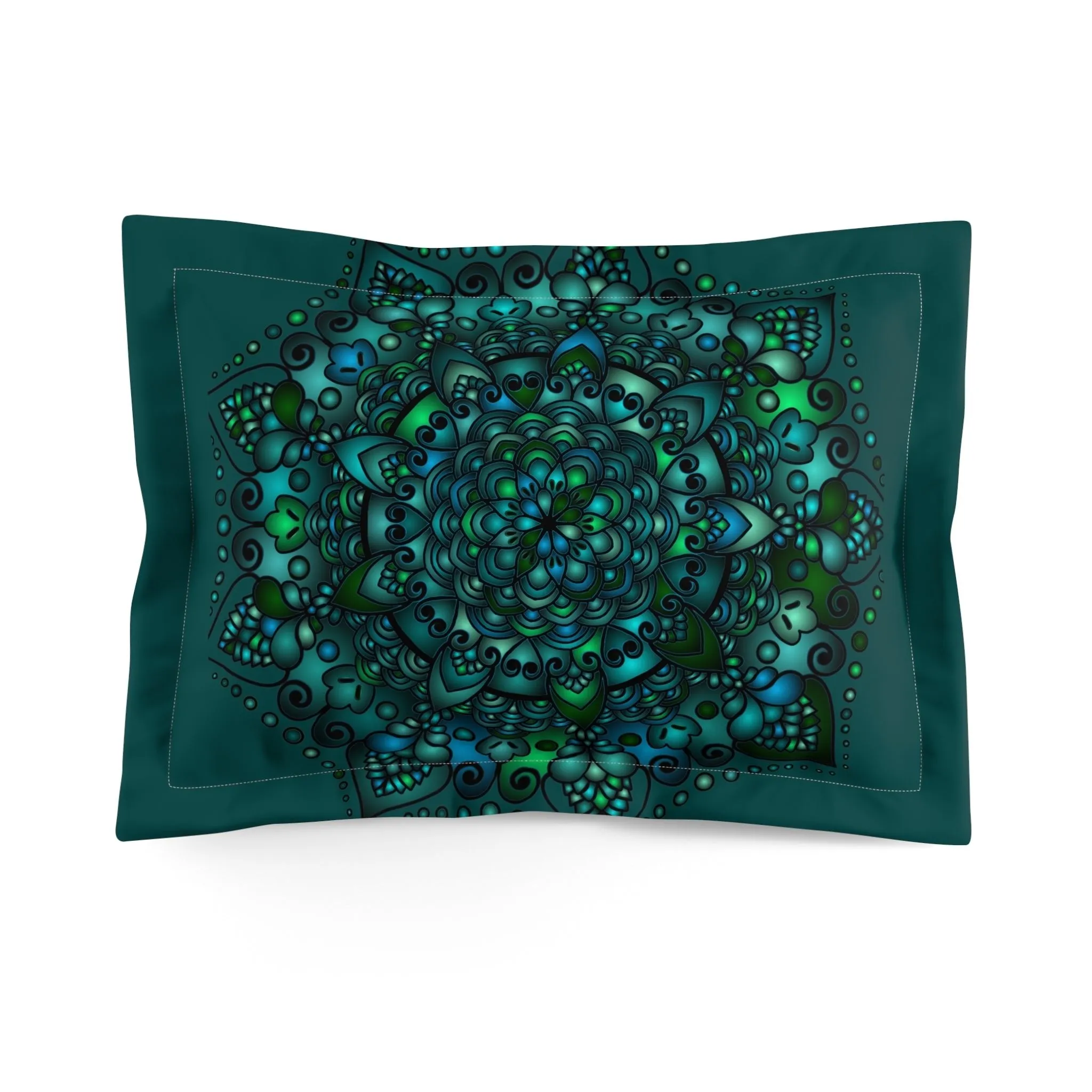 Handmade Mandala Design Microfiber Pillow Sham - Green Mandala Art Hand-Drawn on Dark Petroleum Green background