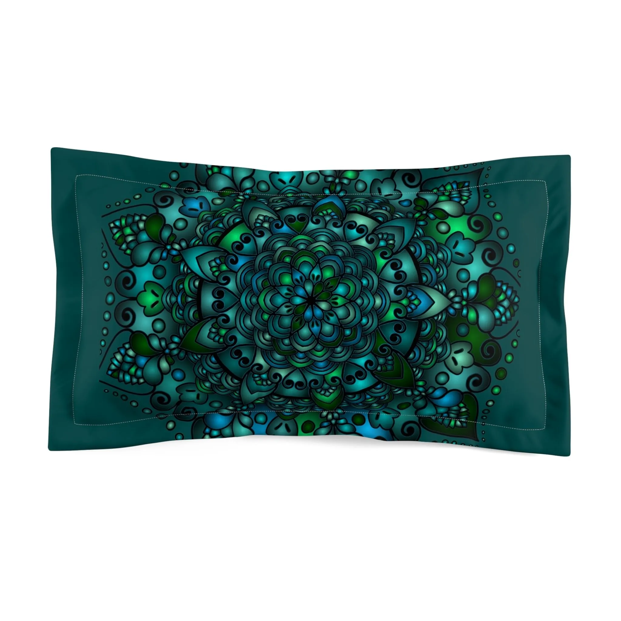 Handmade Mandala Design Microfiber Pillow Sham - Green Mandala Art Hand-Drawn on Dark Petroleum Green background