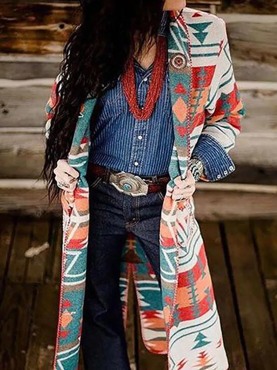 Irregular Geometry Print Women's Overcoat for Winter