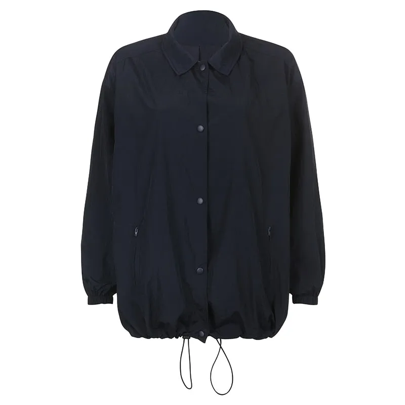 Joskaa HEYounGIRL Drawstring Thin Oversized Coats High Street Casual Fashion Basic Jackets Dark Blue Loose Sweat Overcoat Button Up 90s