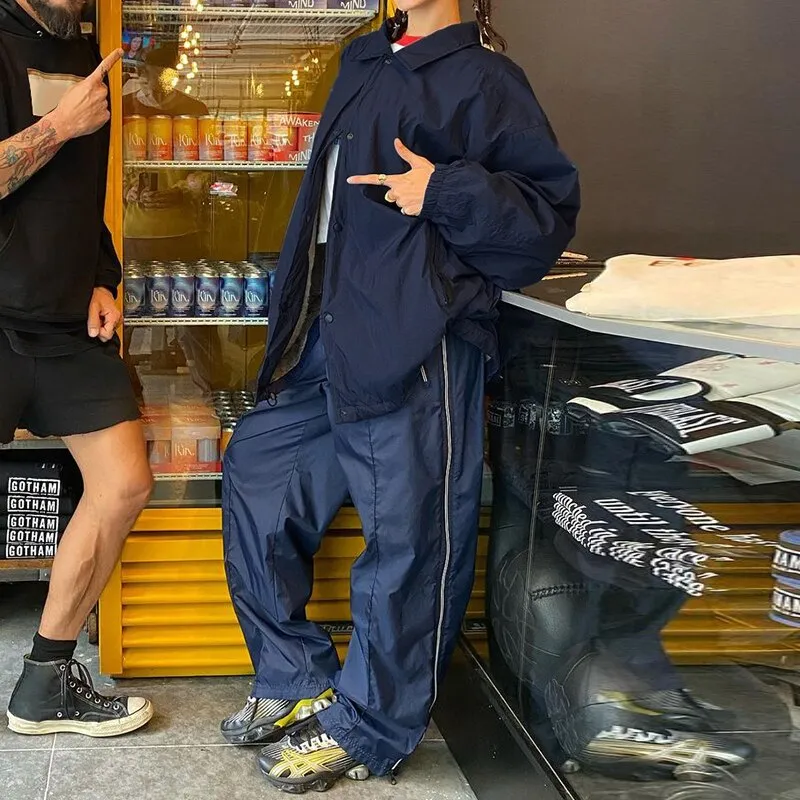 Joskaa HEYounGIRL Drawstring Thin Oversized Coats High Street Casual Fashion Basic Jackets Dark Blue Loose Sweat Overcoat Button Up 90s