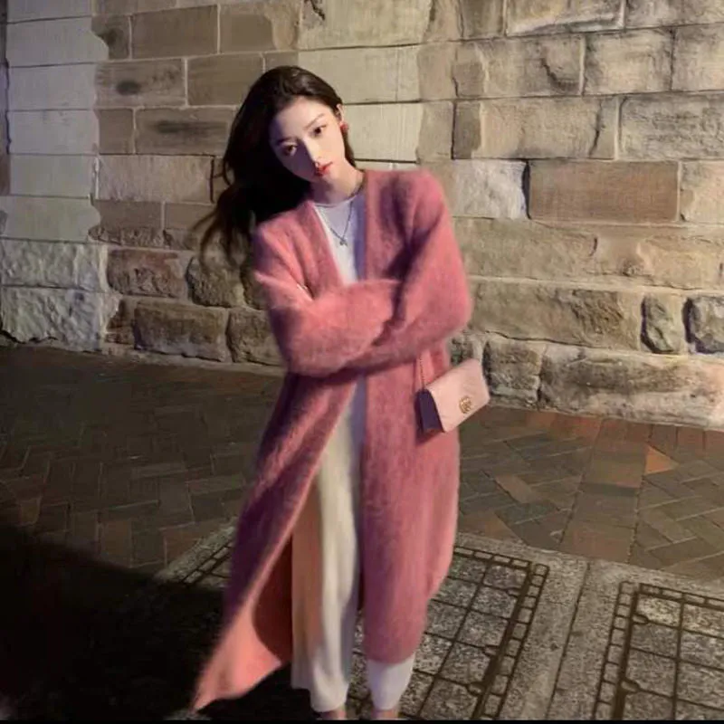 Lanfubeisi 2024 fall fashion trends Korean Style Autumn and Winter New Style Faux Mink Velvet Sweater Women's Cardigan Outer Wear over the Knee Long Loose Overcoat Women's Coat