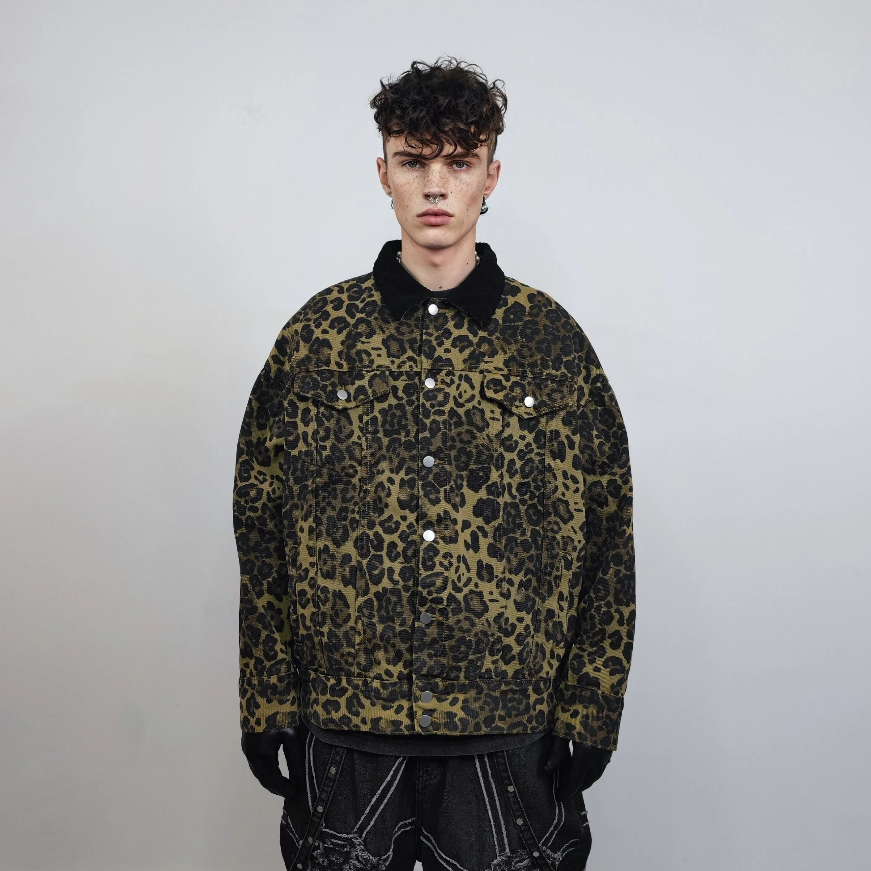 Leopard denim jacket animal print jean bomber glam rocker coat spot jacket cheetah overcoat in green black