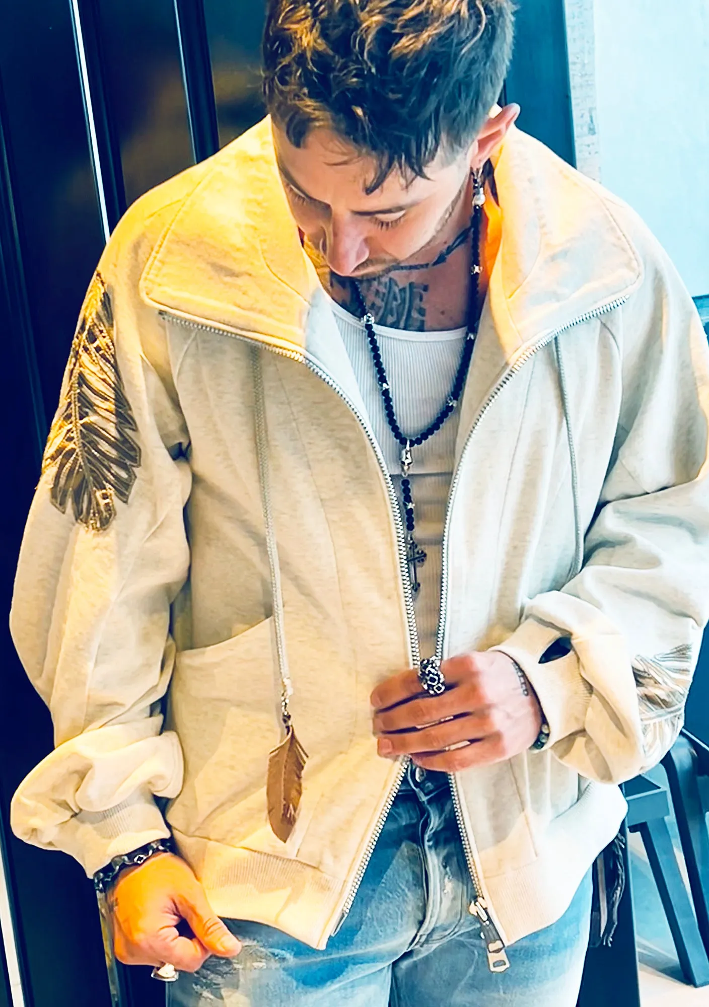 OBELISK - "SLASHED FEATHER" Blouson in Oatmeal