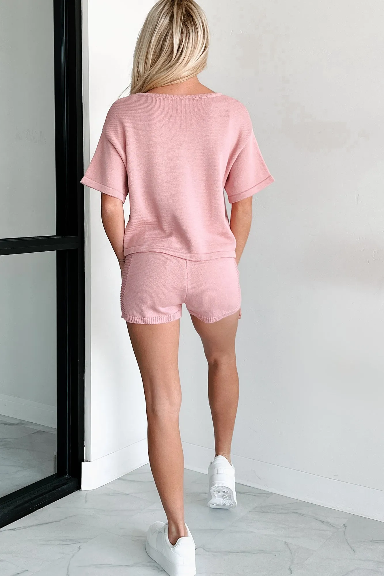 "Keep It Up" Short Sleeve Sweater Knit Top (Blush)