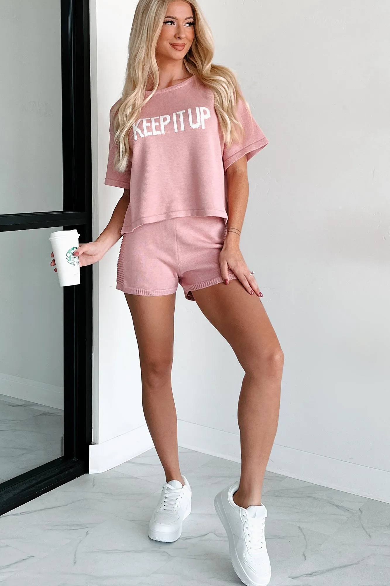 "Keep It Up" Short Sleeve Sweater Knit Top (Blush)