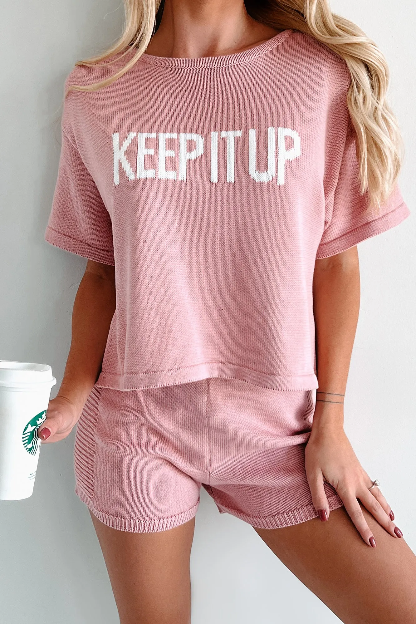 "Keep It Up" Short Sleeve Sweater Knit Top (Blush)
