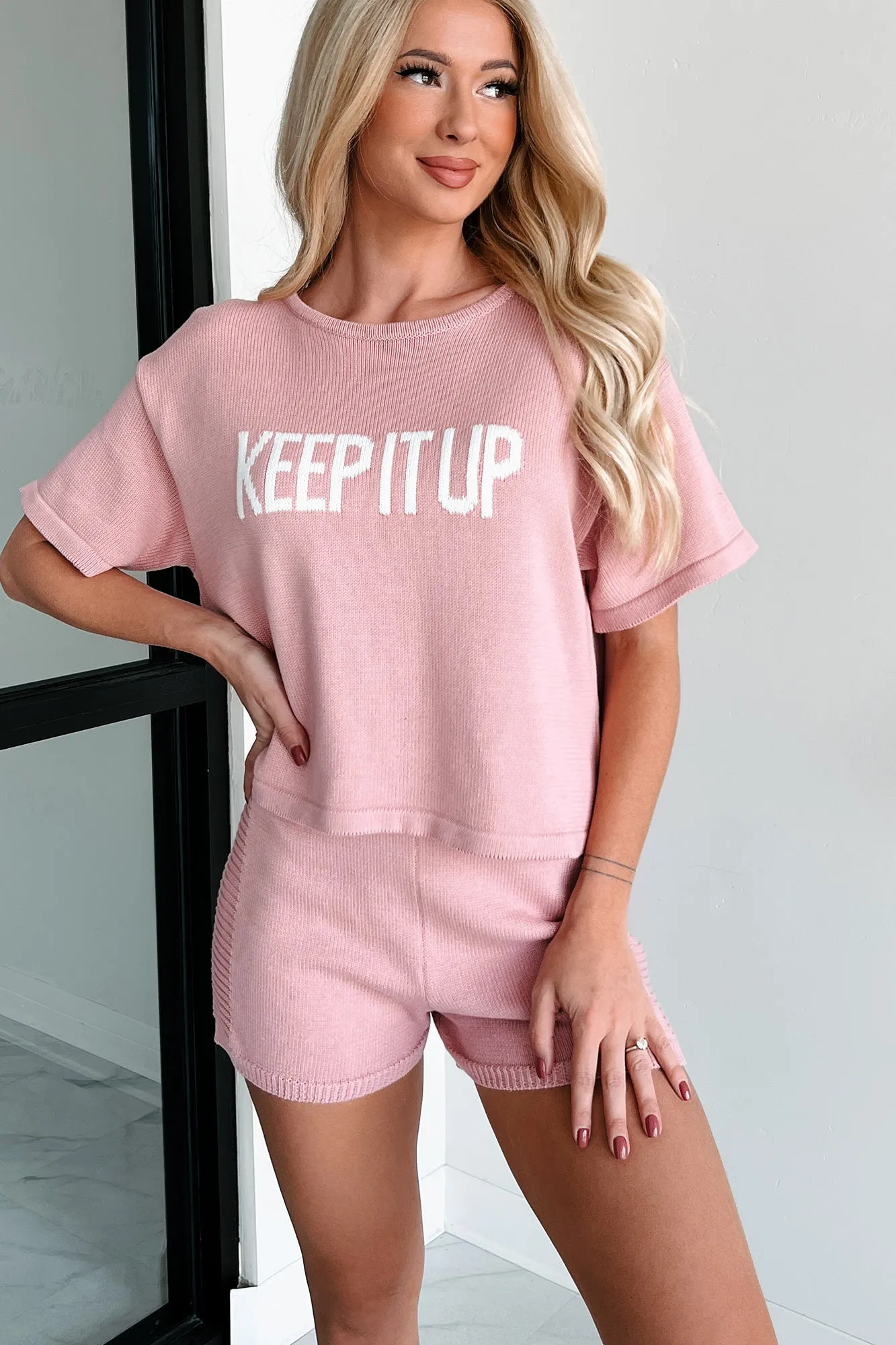 "Keep It Up" Short Sleeve Sweater Knit Top (Blush)