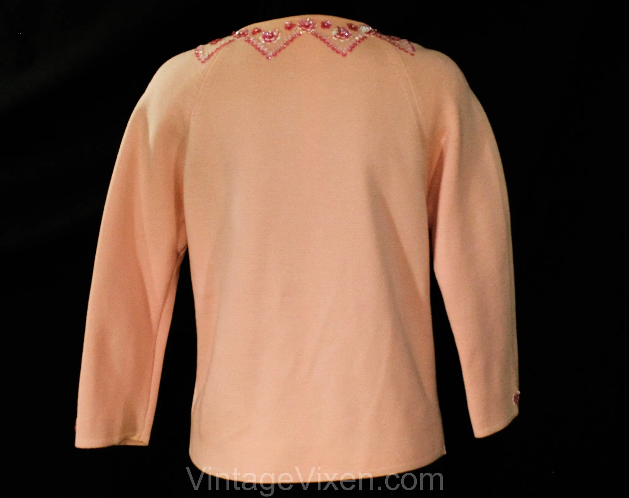 Size 10 Pink Beaded Cardigan - 1960s Retro Femme Open Front Medium Sweater - Pastel Knit & Pretty Flower Sequins - 60s Hong Kong - Bust 37