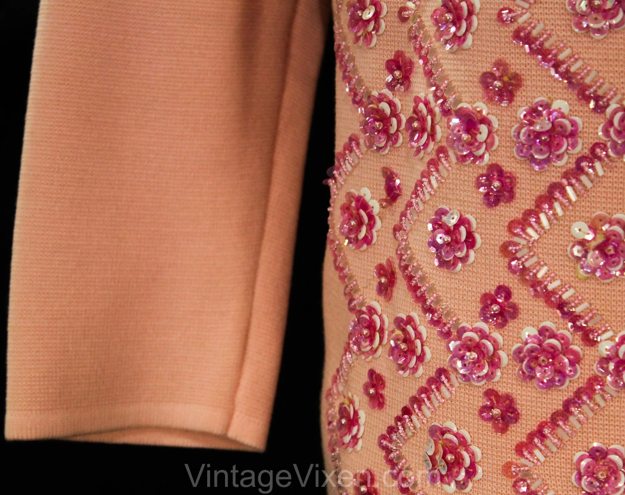 Size 10 Pink Beaded Cardigan - 1960s Retro Femme Open Front Medium Sweater - Pastel Knit & Pretty Flower Sequins - 60s Hong Kong - Bust 37