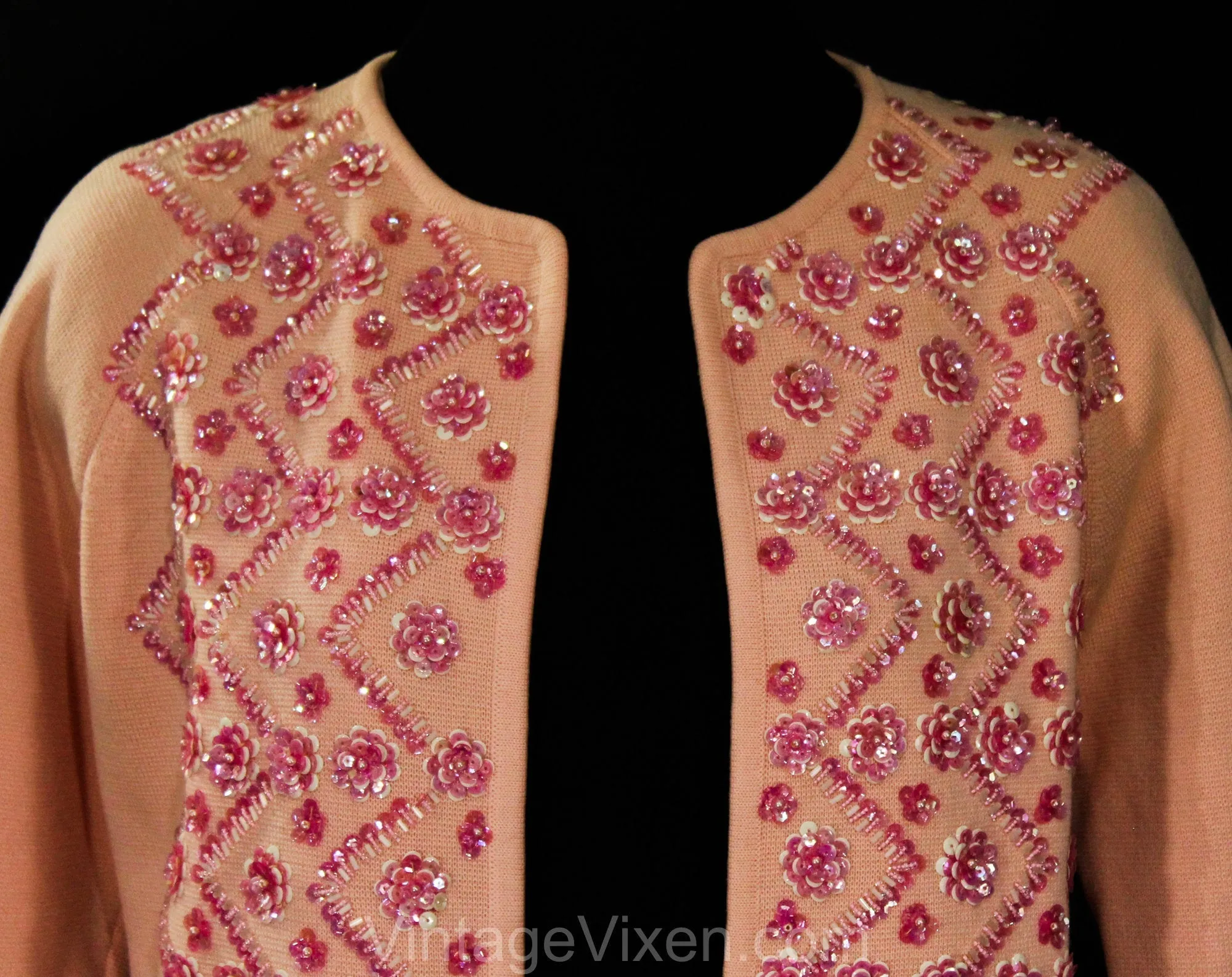 Size 10 Pink Beaded Cardigan - 1960s Retro Femme Open Front Medium Sweater - Pastel Knit & Pretty Flower Sequins - 60s Hong Kong - Bust 37