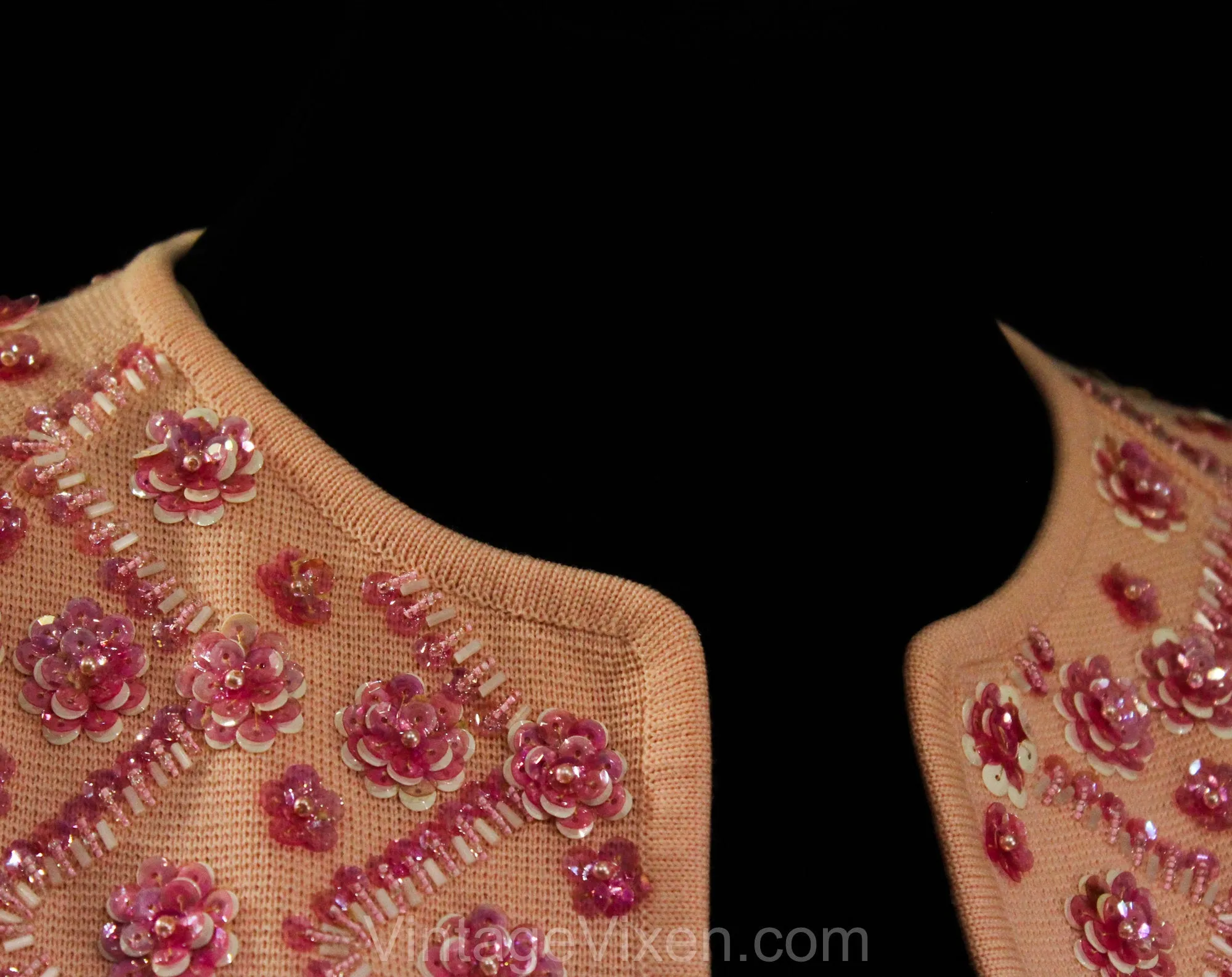 Size 10 Pink Beaded Cardigan - 1960s Retro Femme Open Front Medium Sweater - Pastel Knit & Pretty Flower Sequins - 60s Hong Kong - Bust 37