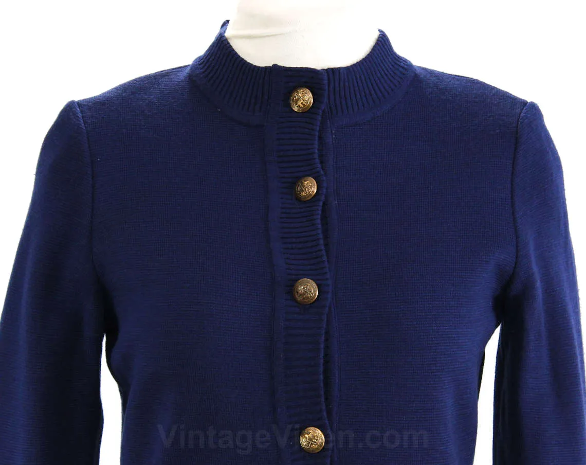 Size 6 Navy Cardigan - 1970s Button Front Sweater - Dark Blue Preppy Late 1960s Jumper - Brassy Crest Buttons - Two Hip Pockets - Bust 34