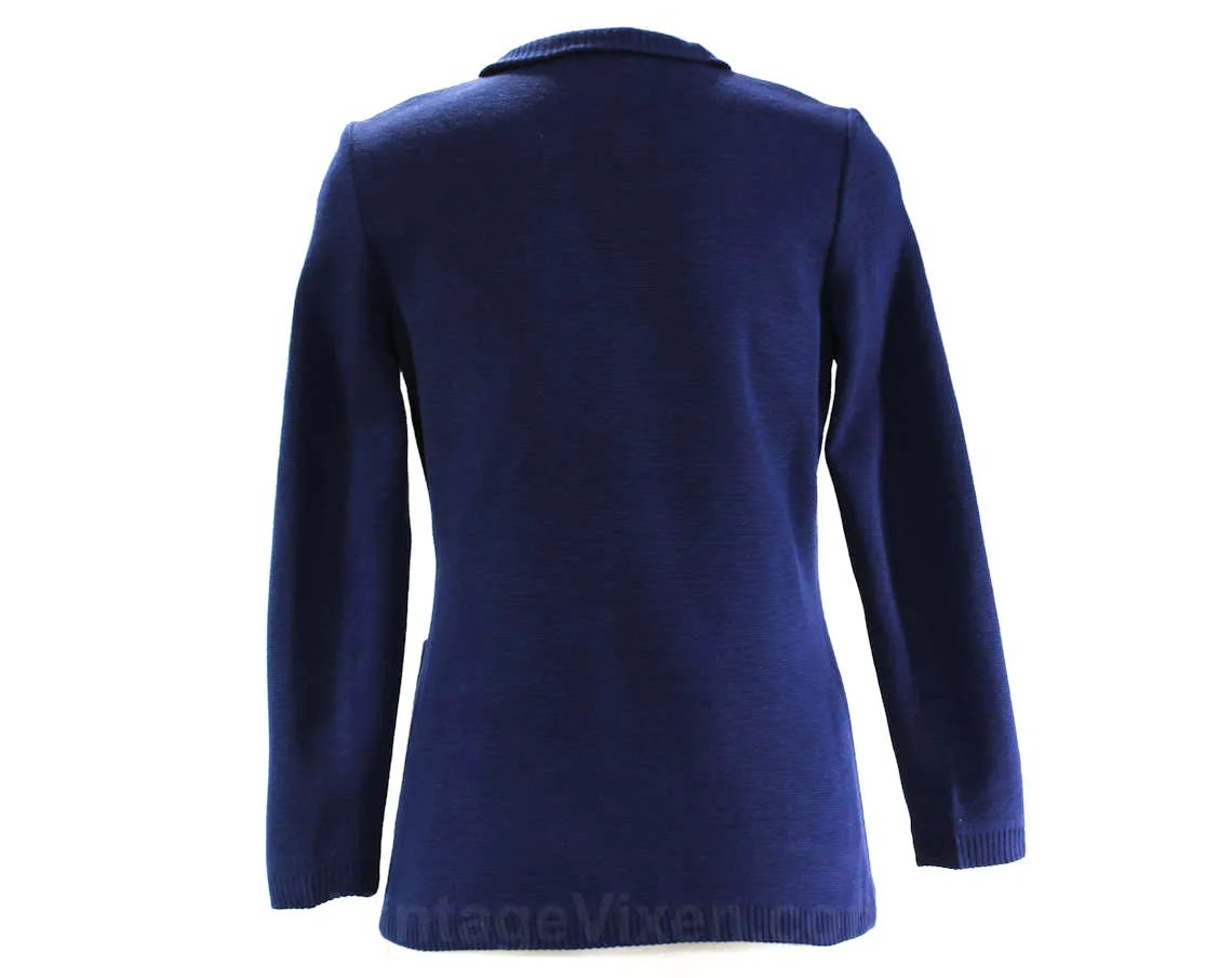 Size 6 Navy Cardigan - 1970s Button Front Sweater - Dark Blue Preppy Late 1960s Jumper - Brassy Crest Buttons - Two Hip Pockets - Bust 34