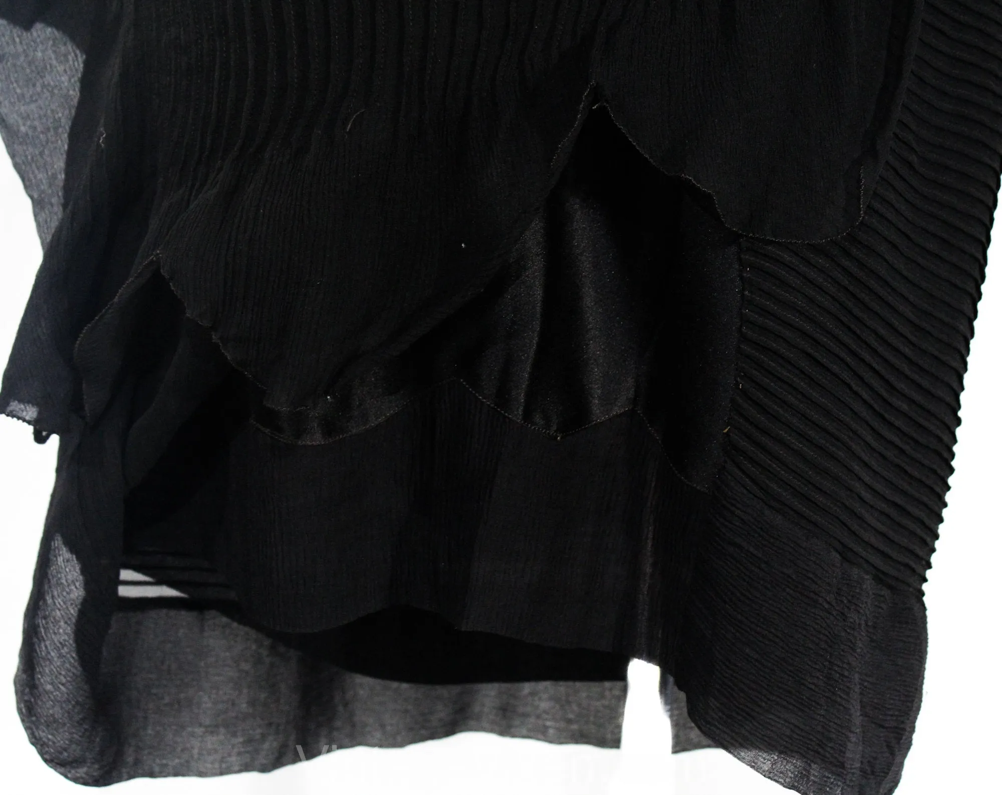 Size 8 1920s Flapper Dress - Chic 20s Era Avant Garde Party Cocktail with Pin Tucks and Scallops - Black Silk Satin & Chiffon - Bust 36