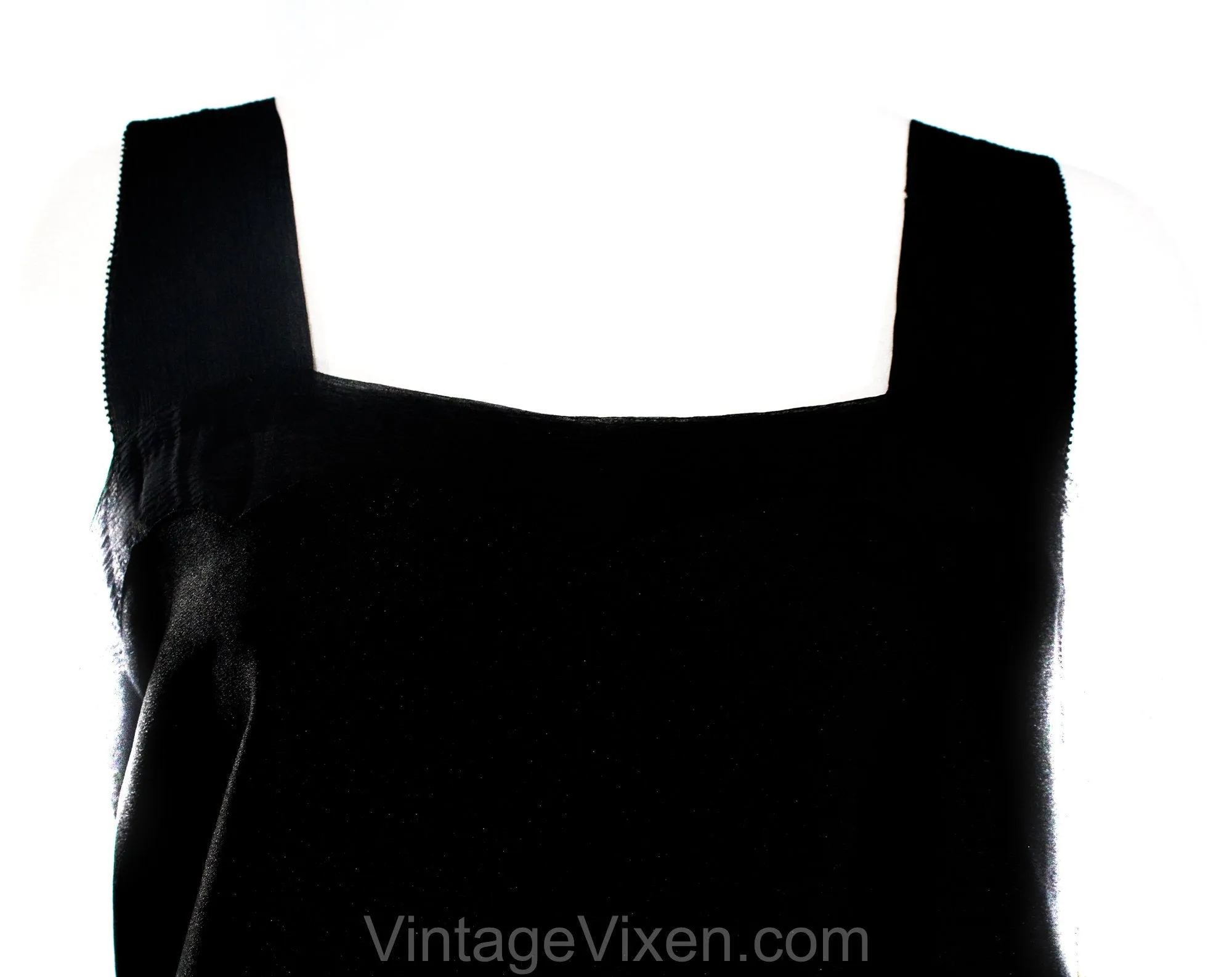 Size 8 1920s Flapper Dress - Chic 20s Era Avant Garde Party Cocktail with Pin Tucks and Scallops - Black Silk Satin & Chiffon - Bust 36