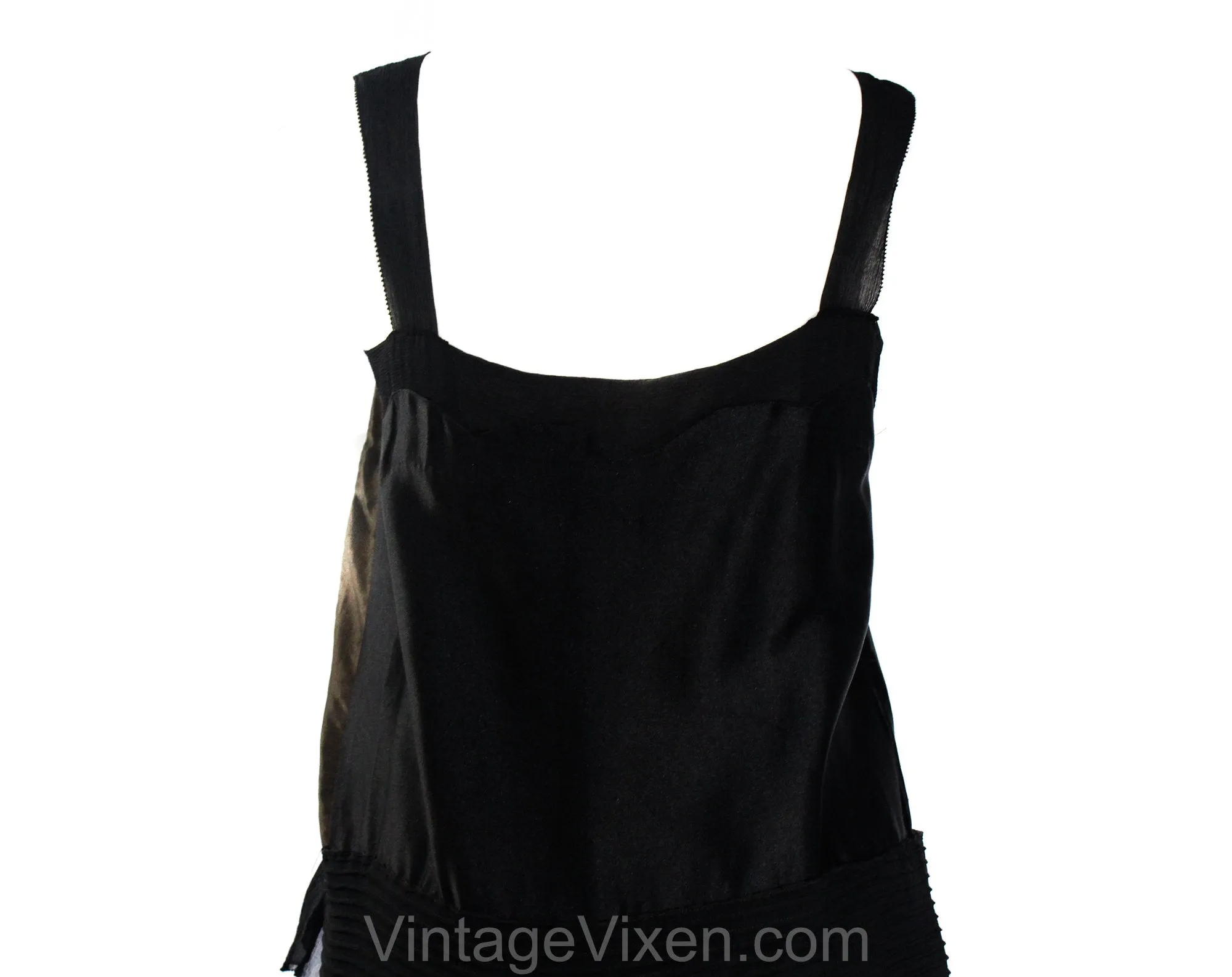 Size 8 1920s Flapper Dress - Chic 20s Era Avant Garde Party Cocktail with Pin Tucks and Scallops - Black Silk Satin & Chiffon - Bust 36