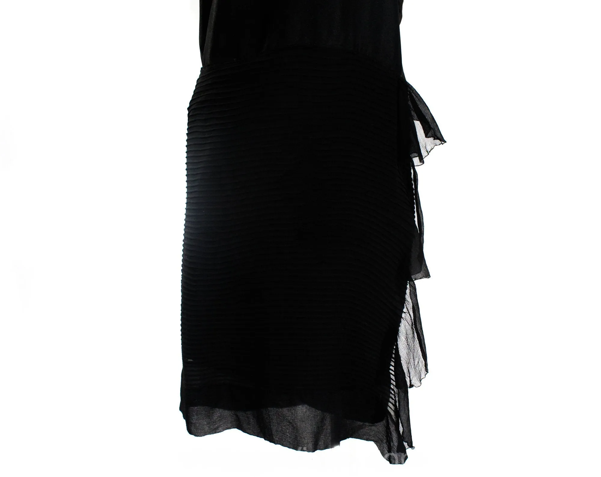 Size 8 1920s Flapper Dress - Chic 20s Era Avant Garde Party Cocktail with Pin Tucks and Scallops - Black Silk Satin & Chiffon - Bust 36