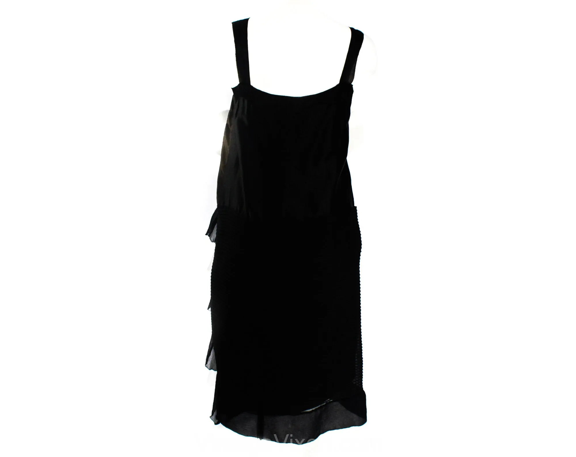 Size 8 1920s Flapper Dress - Chic 20s Era Avant Garde Party Cocktail with Pin Tucks and Scallops - Black Silk Satin & Chiffon - Bust 36
