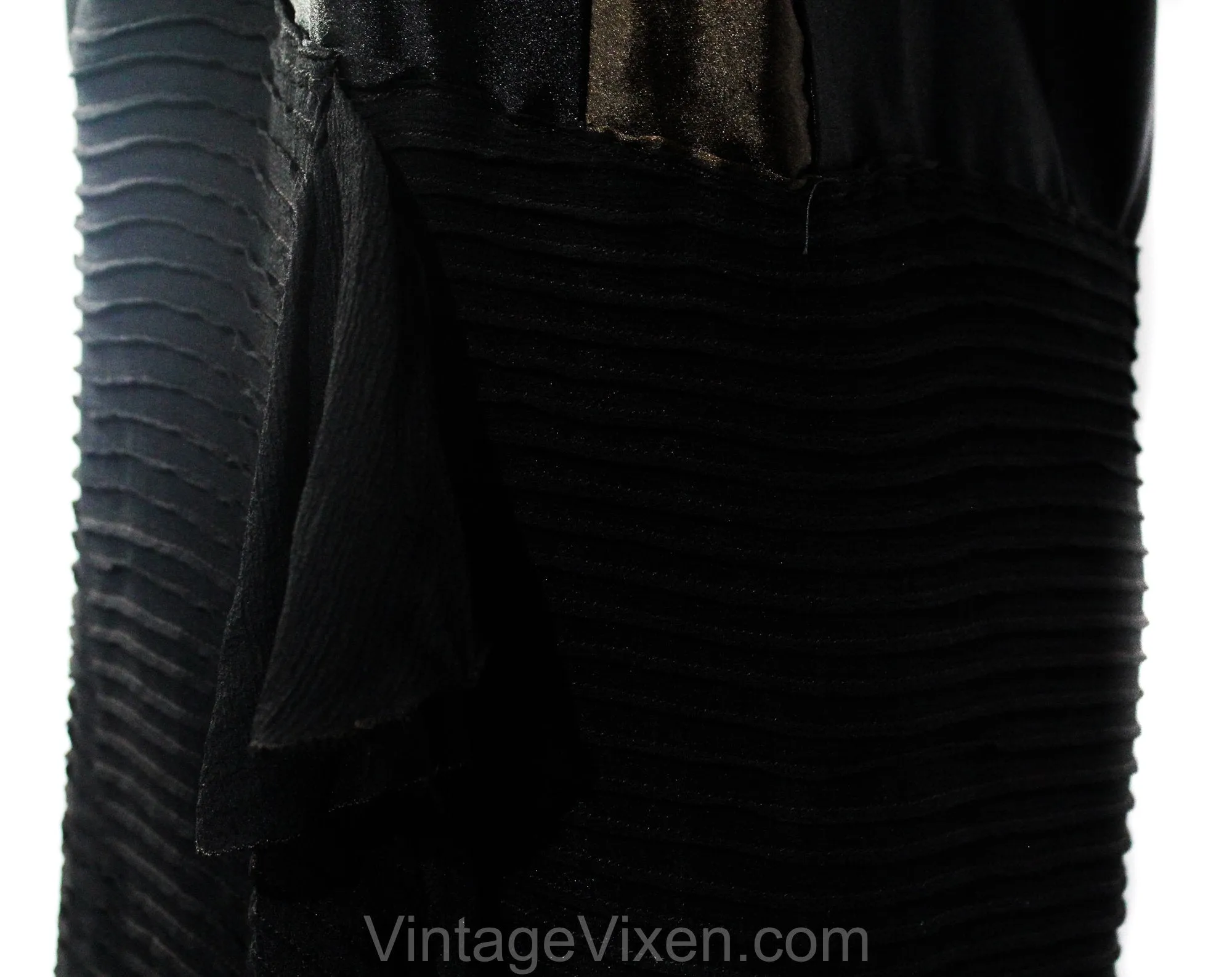 Size 8 1920s Flapper Dress - Chic 20s Era Avant Garde Party Cocktail with Pin Tucks and Scallops - Black Silk Satin & Chiffon - Bust 36