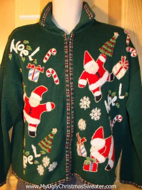 Tacky Green Ugly Christmas Sweater with Leaping Santas and Candy Canes (f765)