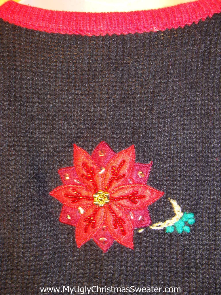 Tacky Ugly Christmas Sweater Vest with Bright Red Bling Poinsettias (f303)