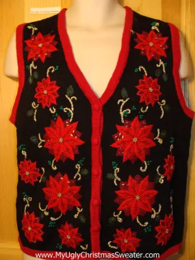 Tacky Ugly Christmas Sweater Vest with Bright Red Bling Poinsettias (f303)