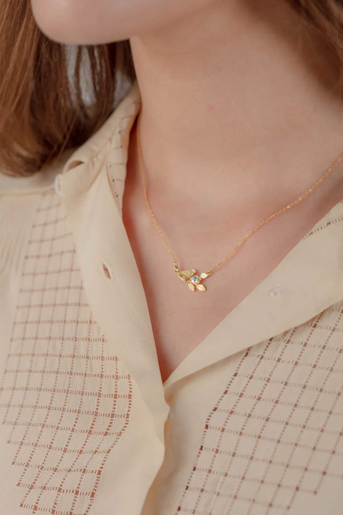 Tiny Bird On A Branch Diamond Necklace In 18ct Gold