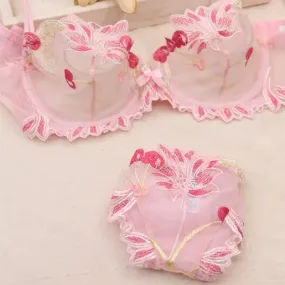 Transparent Embroidered Bra & Panty Lingerie Set - Floral Design, Underwire Support