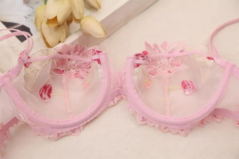 Transparent Embroidered Bra & Panty Lingerie Set - Floral Design, Underwire Support