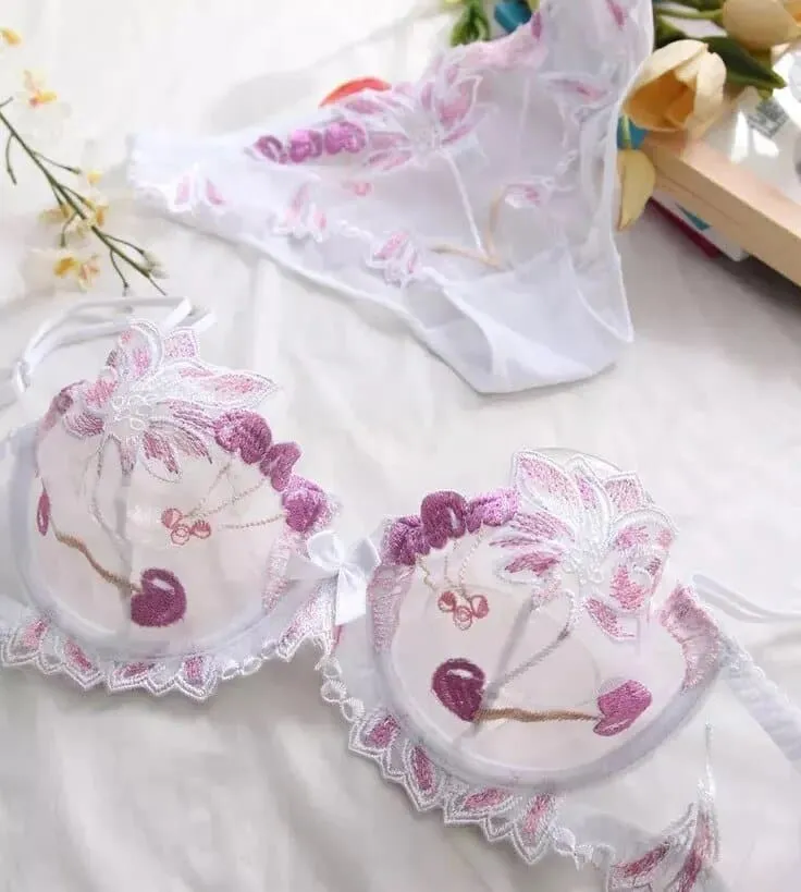 Transparent Embroidered Bra & Panty Lingerie Set - Floral Design, Underwire Support