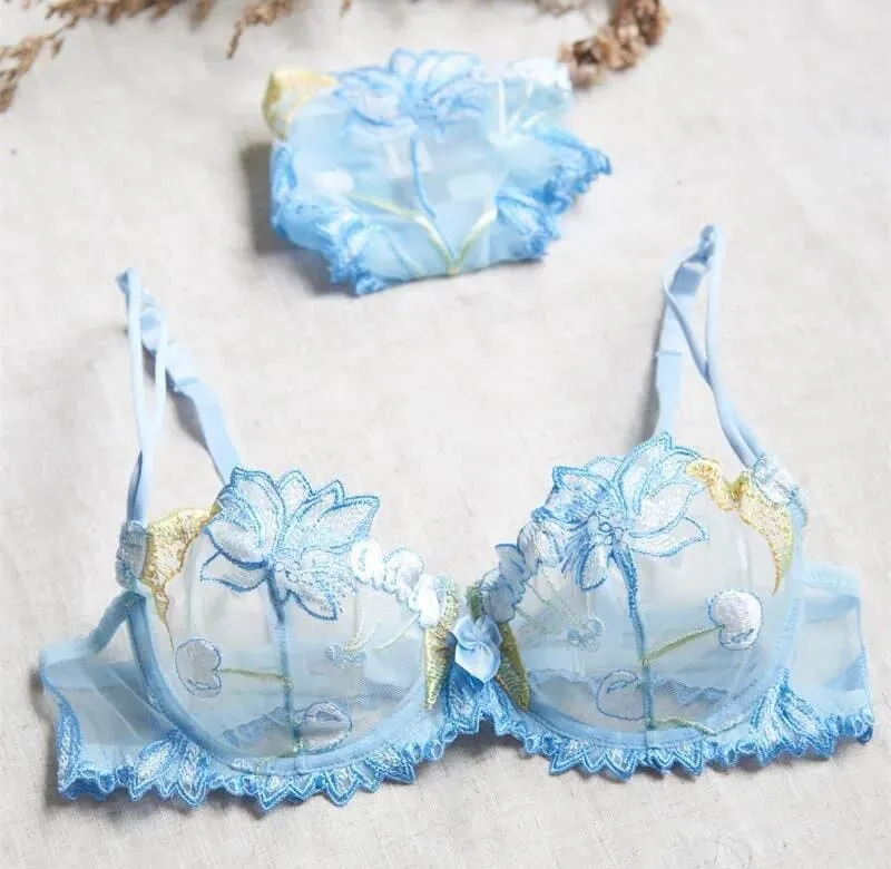 Transparent Embroidered Bra & Panty Lingerie Set - Floral Design, Underwire Support