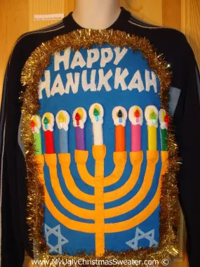 Ugly Christmas Sweater Party Hanukkah Sweater Mens with Menorah (j244)