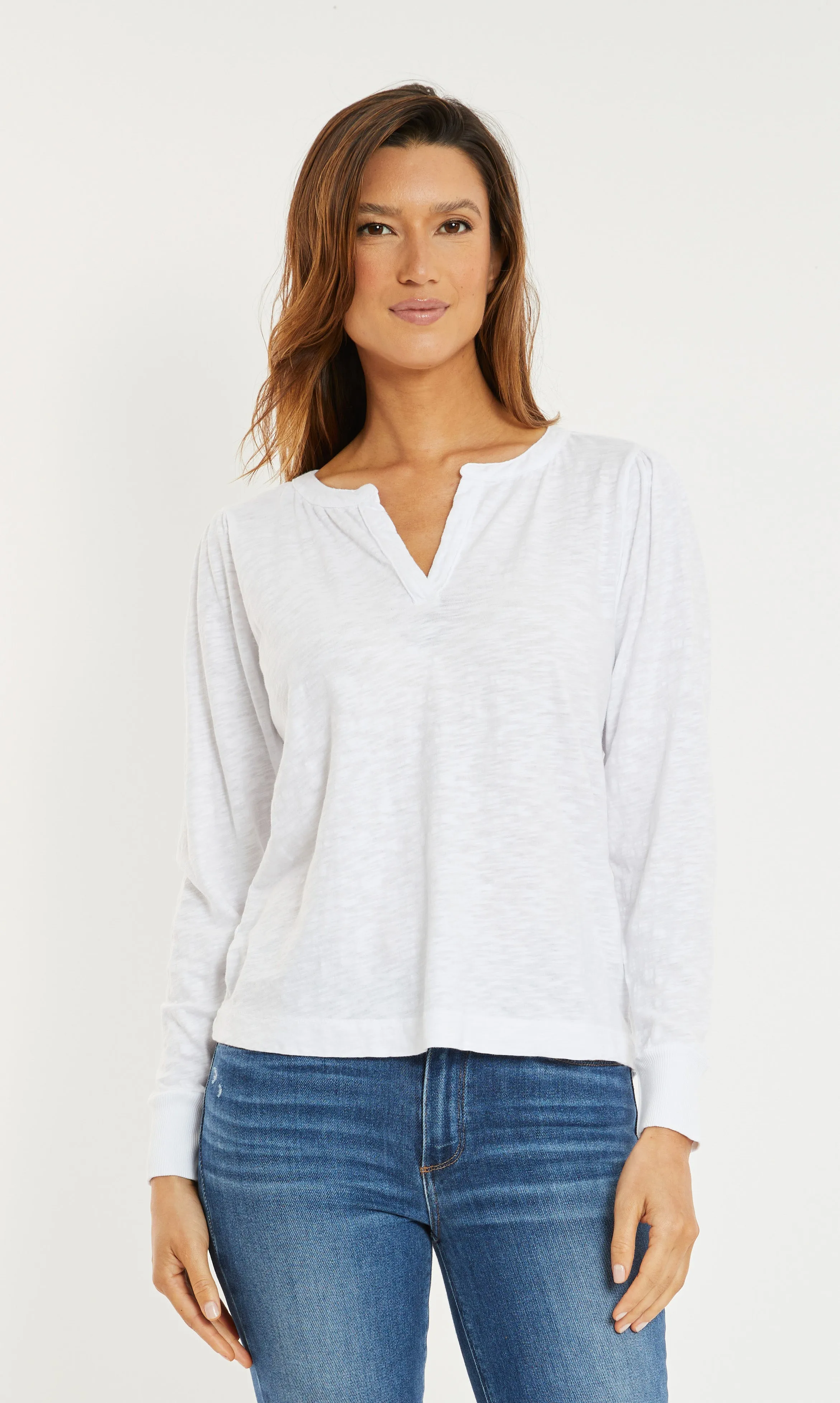 White Split Neck Long Sleeve T Shirt