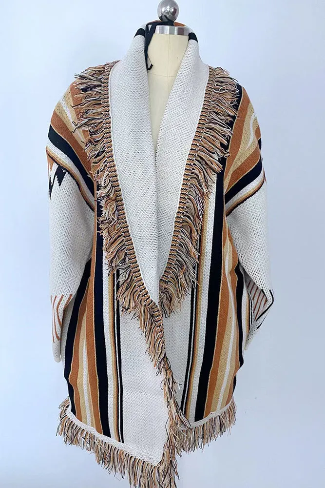 Winter Outfits Aztec Stripes Splicing Front Open Tassle Knitting Coat