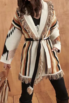 Winter Outfits Aztec Stripes Splicing Front Open Tassle Knitting Coat