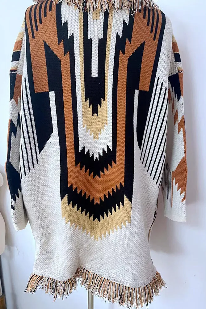 Winter Outfits Aztec Stripes Splicing Front Open Tassle Knitting Coat