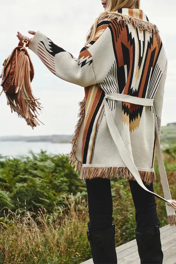 Winter Outfits Aztec Stripes Splicing Front Open Tassle Knitting Coat