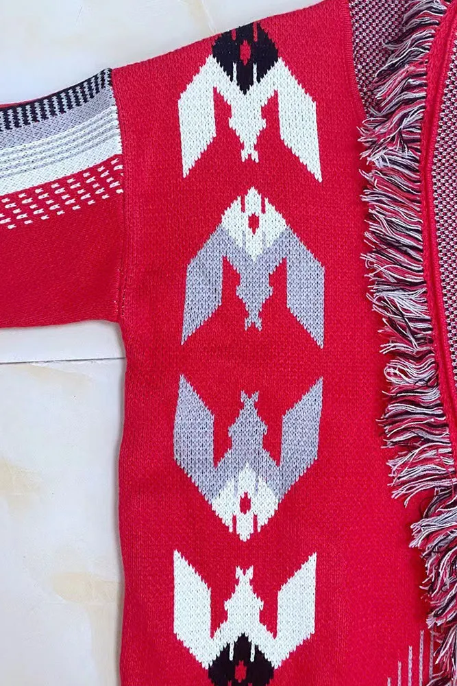 Winter Outfits Aztec Stripes Splicing Front Open Tassle Knitting Coat