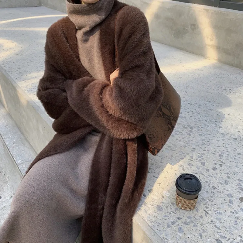 Wjczt discover style ideas Korean Style Autumn and Winter New Style Faux Mink Velvet Sweater Women's Cardigan Outer Wear over the Knee Long Loose Overcoat Women's Coat