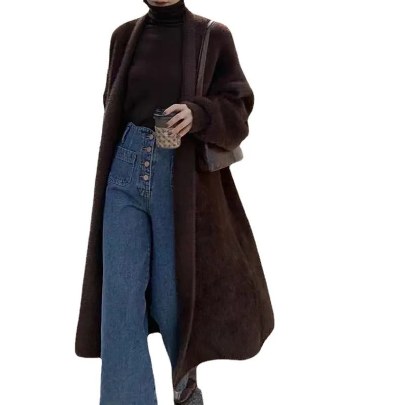 Wjczt discover style ideas Korean Style Autumn and Winter New Style Faux Mink Velvet Sweater Women's Cardigan Outer Wear over the Knee Long Loose Overcoat Women's Coat